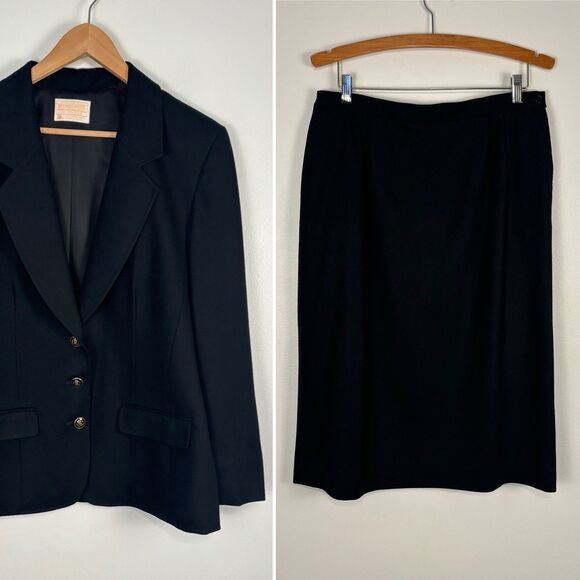 VTG Pendleton Virgin Wool Black 2 Pc Skirt Suit Set Skirt Blazer Sz 14 / 16 - Picture 1 of 14